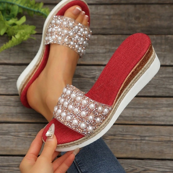 N/a Shoes - Plus Size Women Pearl & Rhinestone Wedge Sandals, Handmade, Casual Beach Wear Fo